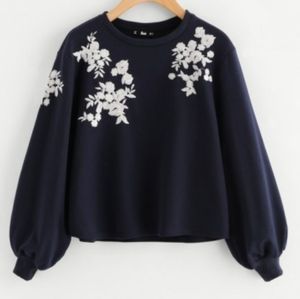 Navy Embroidered Sweatshirt Sweater Bell Sleeve